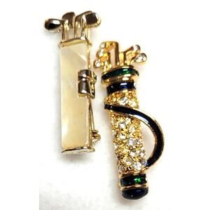 Golf Clubs Bag  Brooch 2 Pc Lot Mother Of Pearl Enamel Goldtone Small  1.5"
